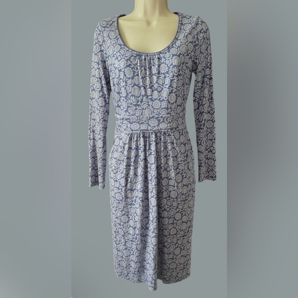 Boden Womens Dress Mabel Jersey Knit Long sleeve Size 6L Floral Blue Midi Career